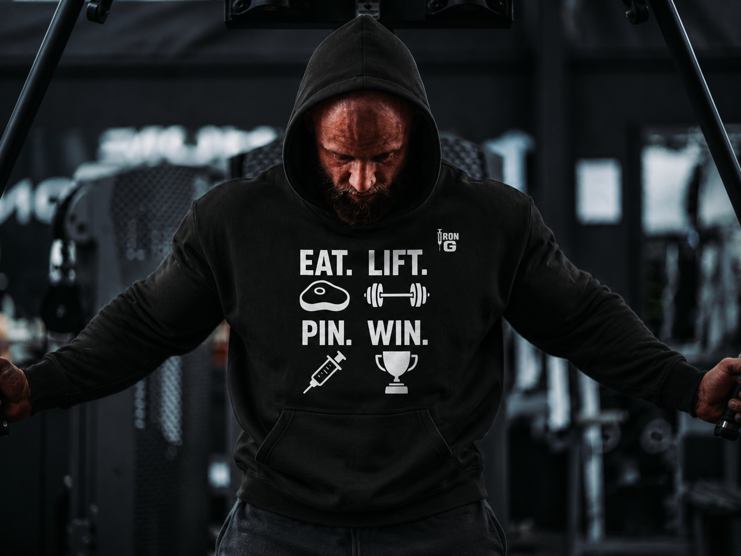 EAT LIFT PIN WIN Oversize Hoodie, white letters