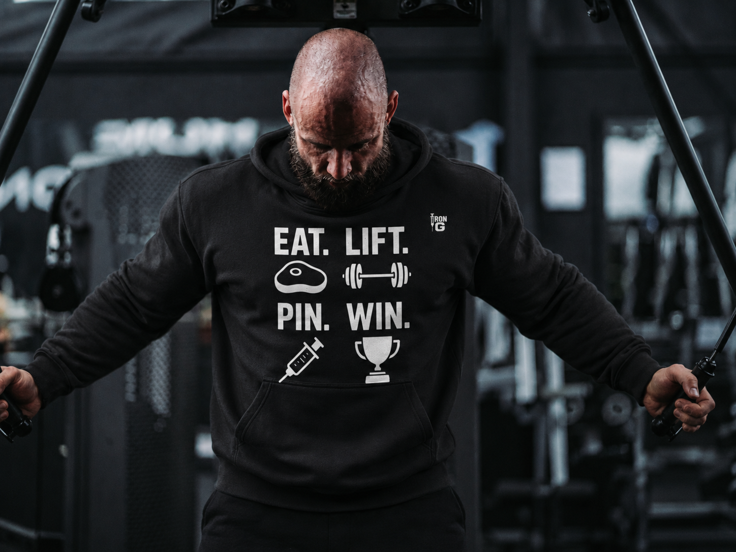 EAT LIFT PIN WIN Oversize Hoodie, white letters