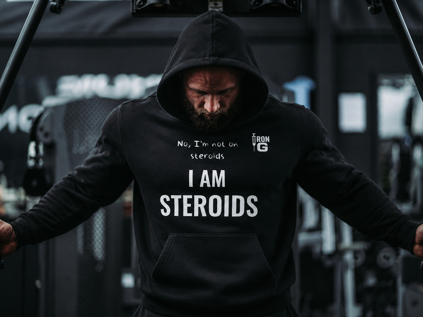 I AM STEROIDS Oversize Hoodie, white letters