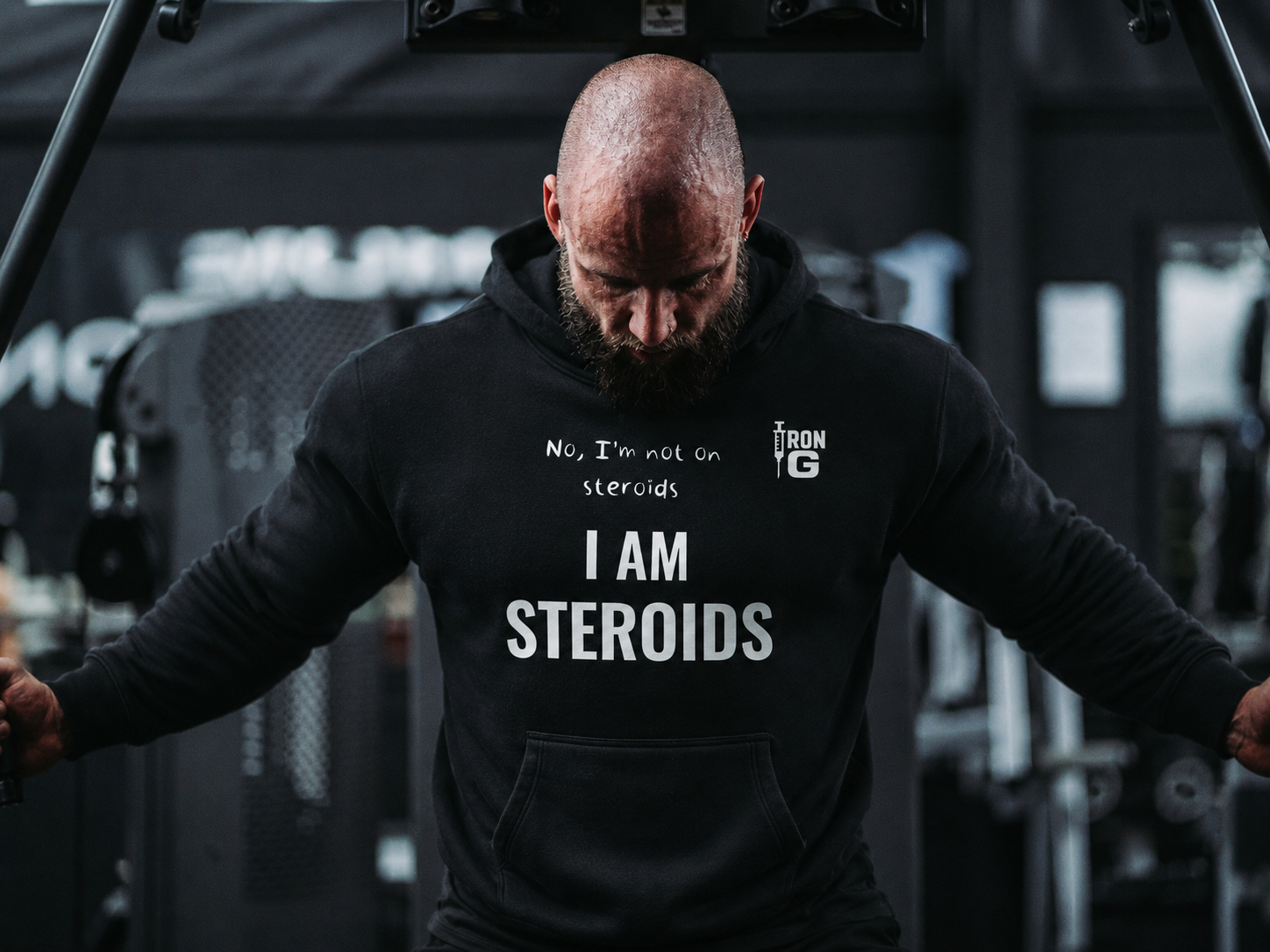 I AM STEROIDS Oversize Hoodie, white letters